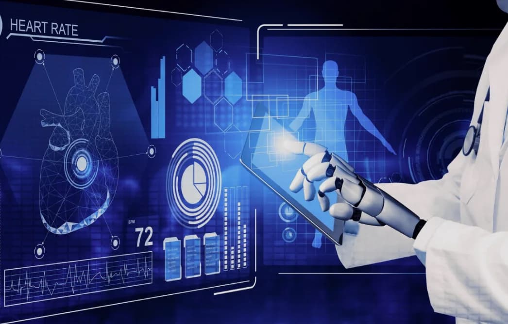 A robotic hand operating a medical analytics dashboard