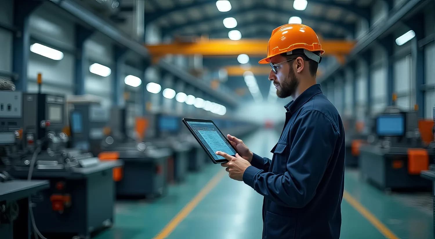 Field technician reviewing connected operations data on a tablet in a manufacturing plant