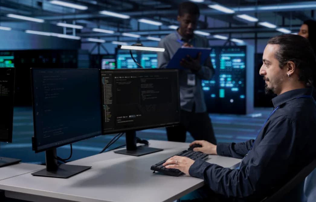 An engineer working at a multi-monitor workstation in a data centre