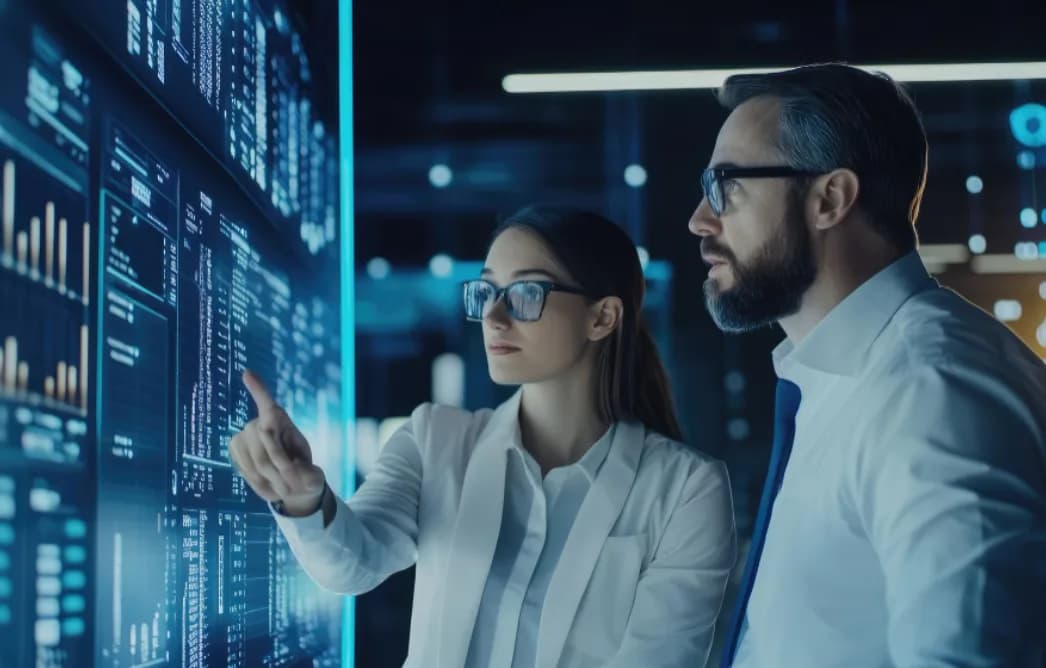 Two analysts reviewing campaign dashboards on a large data wall